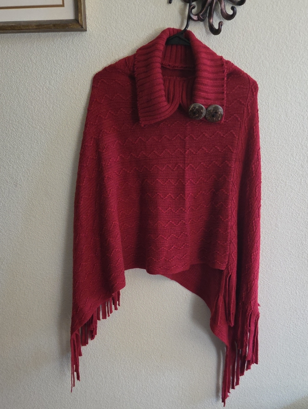 Women’s Red Fringe Poncho Sweater with Button Collar NwT One Size